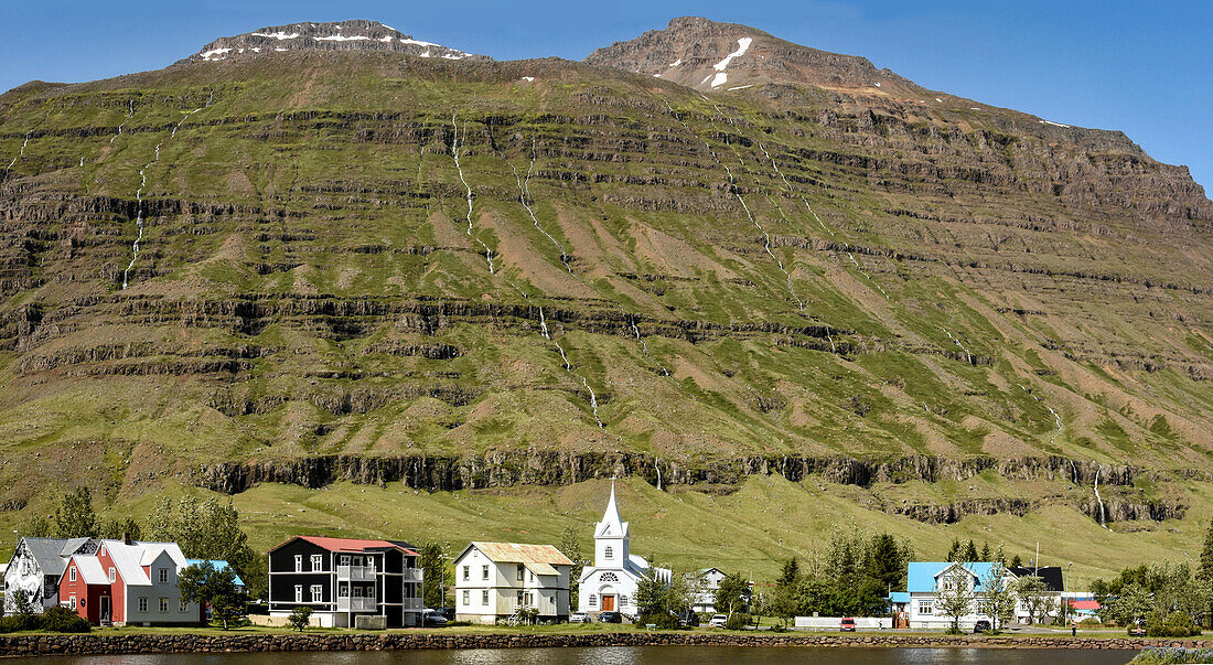Seydisfjordur, beneath hillside of basalt lavas, eastern Iceland, Polar Regions