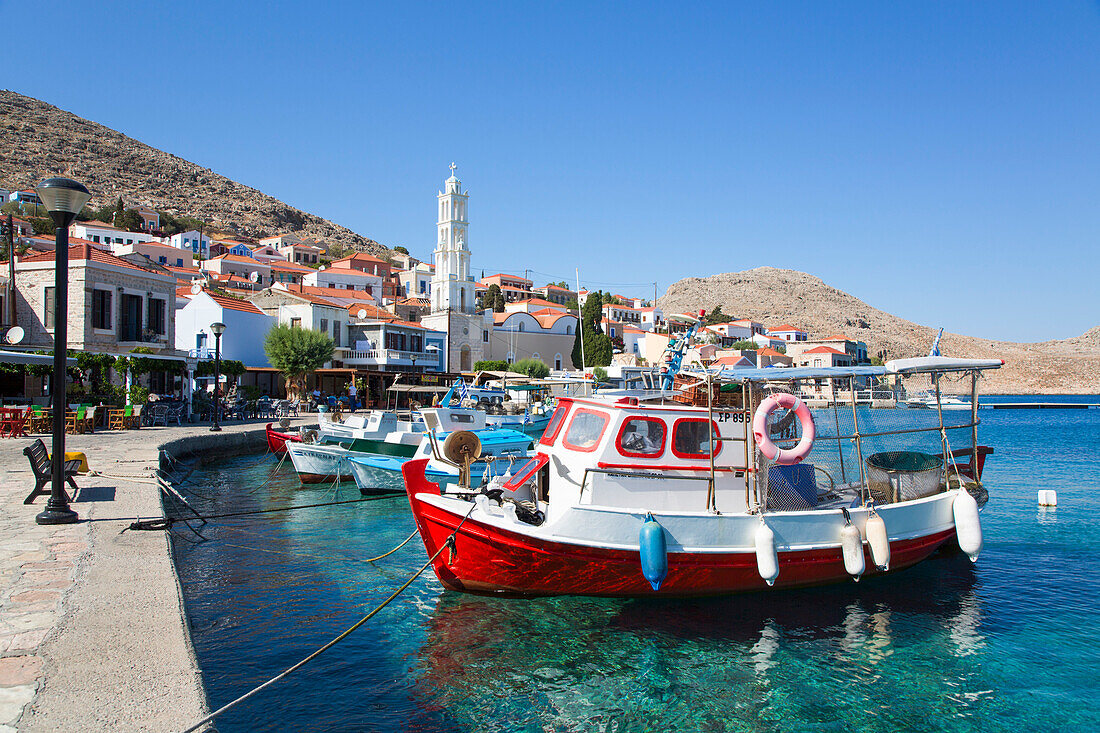 Fishing boats, Emborio Harbor, Halki (Chalki) Island, Dodecanese Group, Greek Islands, Greece, Europe