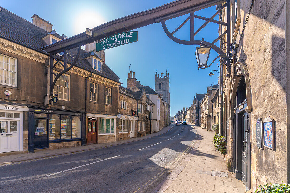View of High Street and St. Martin's Church, Stamford, South Kesteven, Lincolnshire, England, United Kingdom, Europe