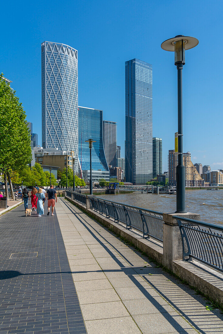 View of Thames Path and Canary Wharf, Limehouse, London, England, United Kingdom, Europe