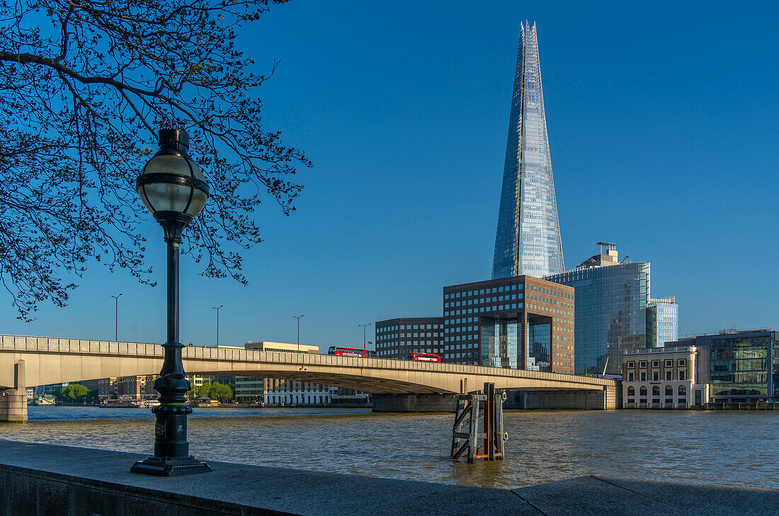 View of The Shard, London Bridge and River Thames from the Thames Path, London, England, United Kingdom, Europe