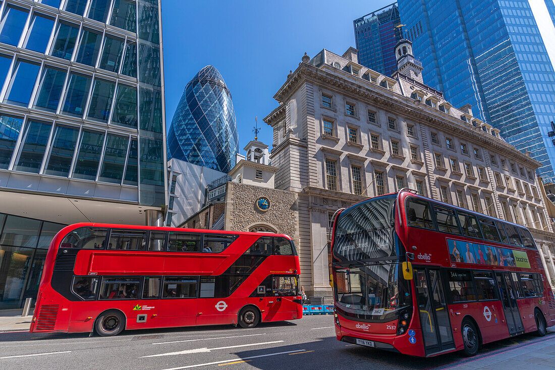 View of The Gherkin peaking between other contemporary architecture and red buses, City of London, London, England, United Kingdom, Europe