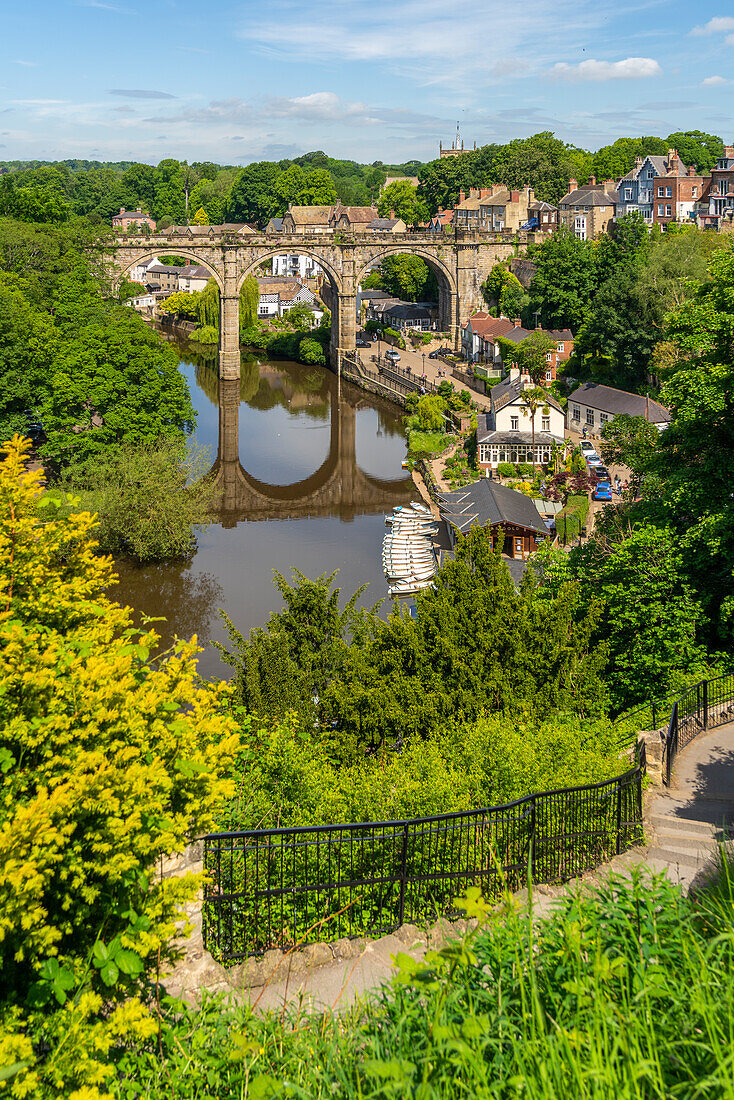 View of Knaresborough viaduct and the River Nidd from path leading to the Castle, Knaresborough, North Yorkshire, England, United Kingdom, Europe