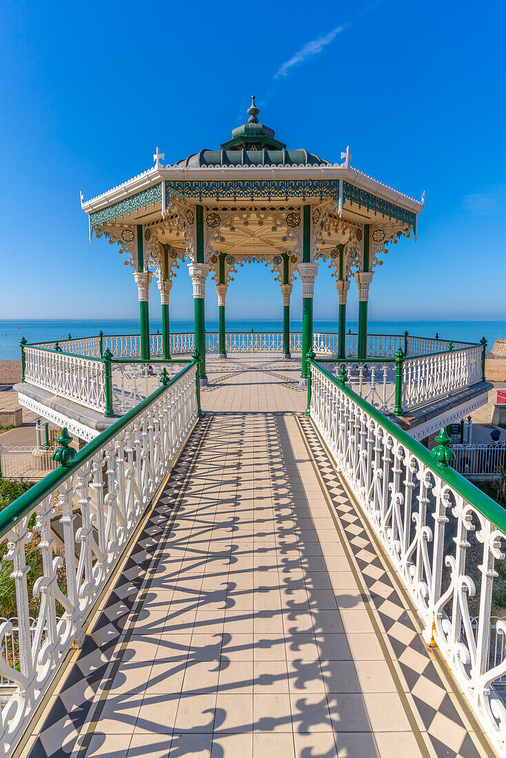View of ornate bandstand on sea front, Brighton, East Sussex, England, United Kingdom, Europe