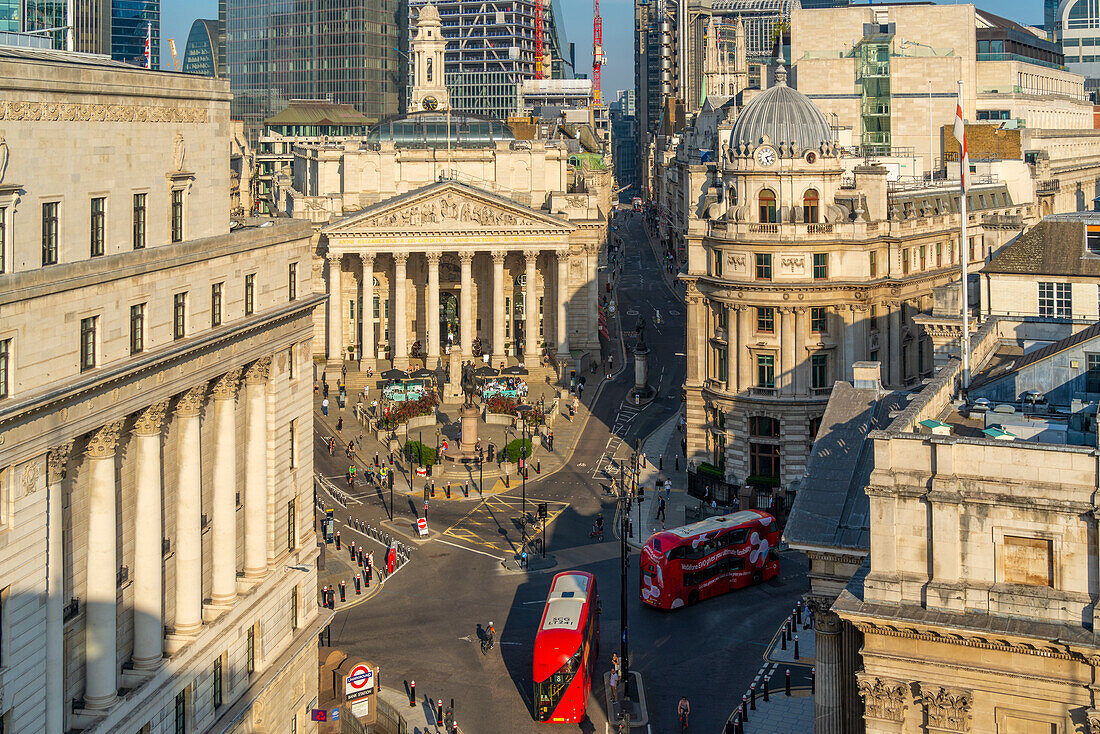 Elevated view of the Royal Exchange, Bank, London, England, United Kingdom, Europe