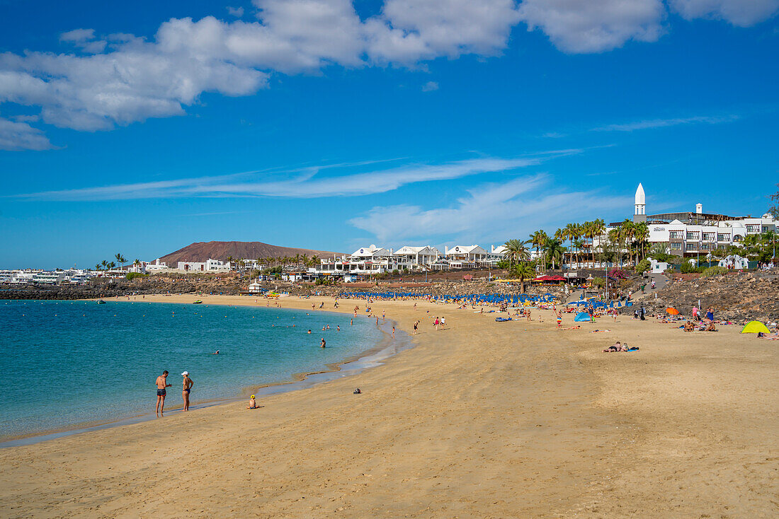 View of hotel overlooking Playa Dorada Beach, Playa Blanca, Lanzarote, Canary Islands, Spain, Atlantic, Europe