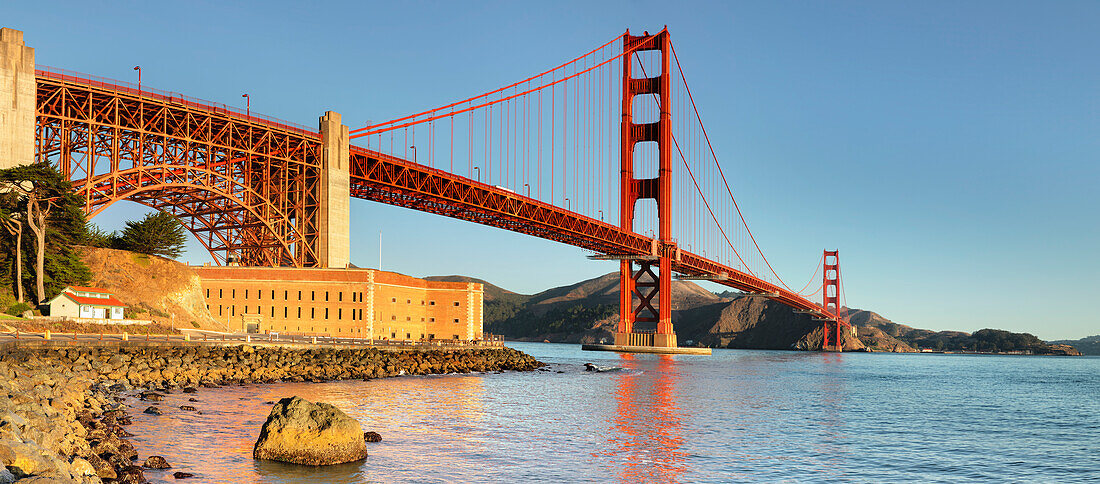 Golden Gate Bridge at sunrise, San Francisco Bay, California, United States of America, North America