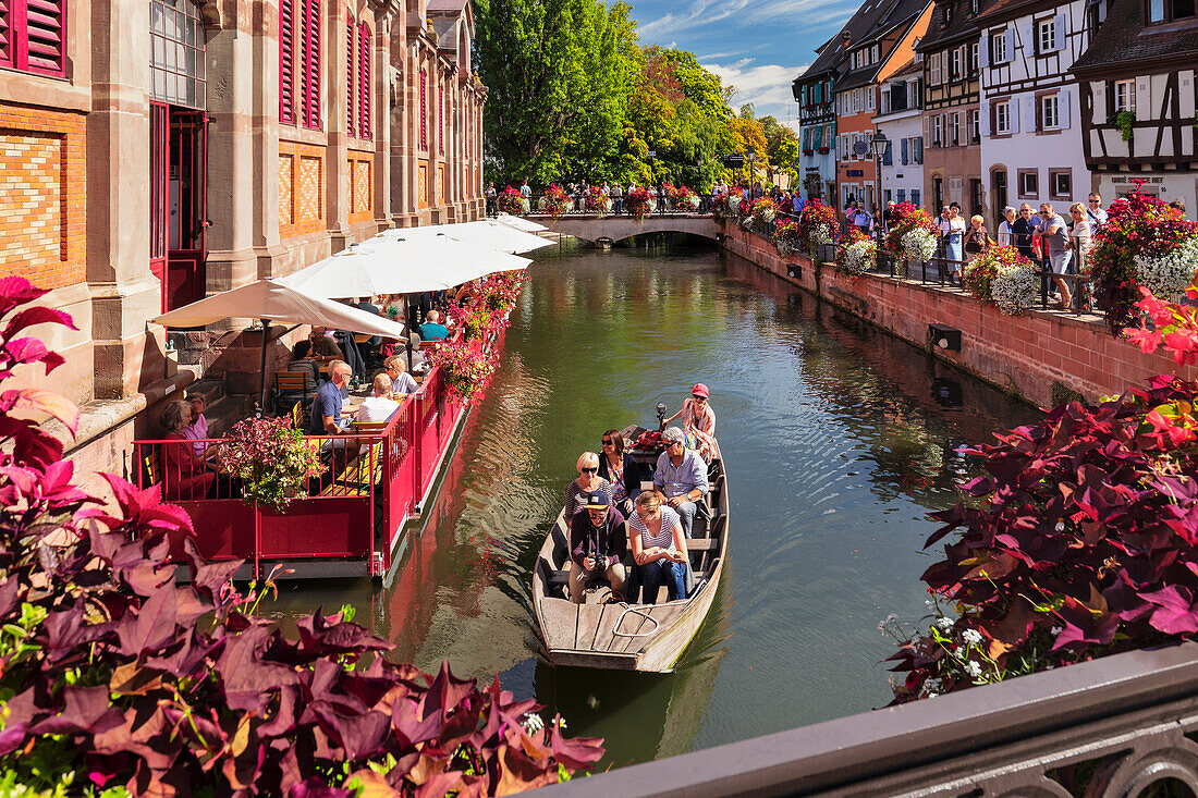 Cafe at the market hall beside Lauch River, Petite Venise district, Colmar, Alsace, Haut-Rhin, France, Europe