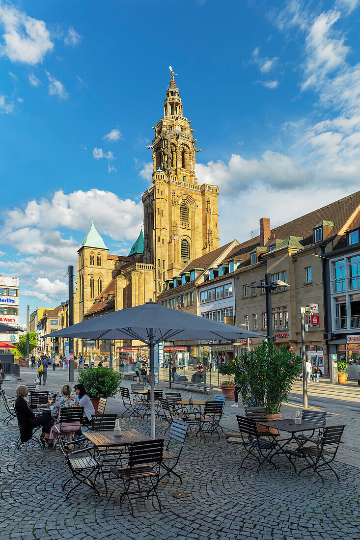 Cafe on the market square with Kilianskirche Church, Heilbronn, Baden-Wurttemberg, Germany, Europe