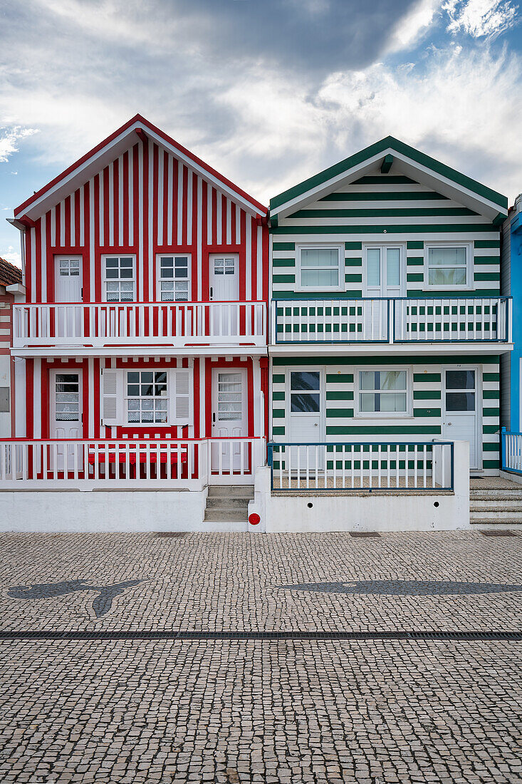 Traditional color striped houses near the Costa Nova beach in Aveiro, Centro, Portugal, Europe
