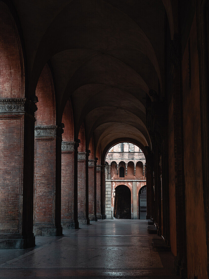 Some of the famous Bologna porticos in Strada Maggiore, near the Two Towers, Bologna, Emilia Romagna, Italy, Europe