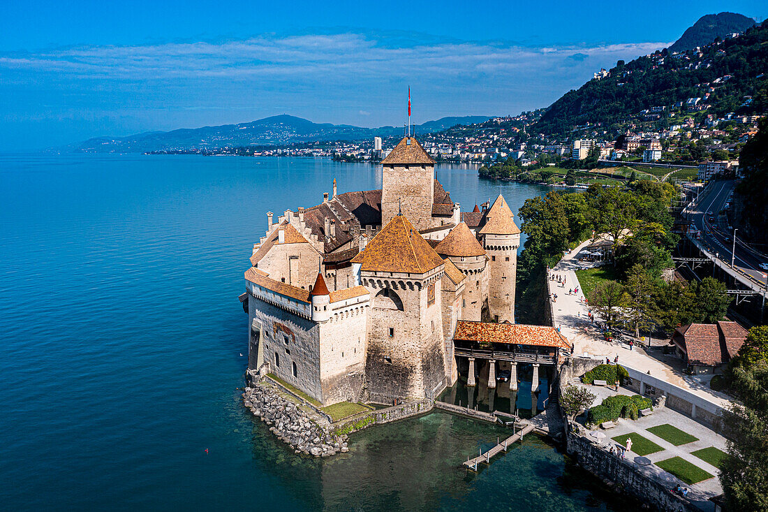 Aerial of Chillon Castle, Lake Geneva, Switzerland, Europe