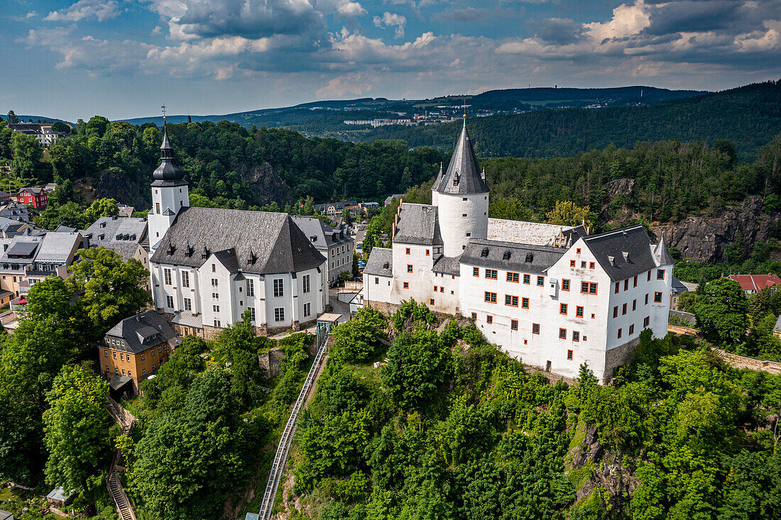 Aerial of St. Georgen Kirche and Palace, town of Schwarzenberg, Ore Mountains, UNESCO World Heritage Site, Saxony, Germany, Europe