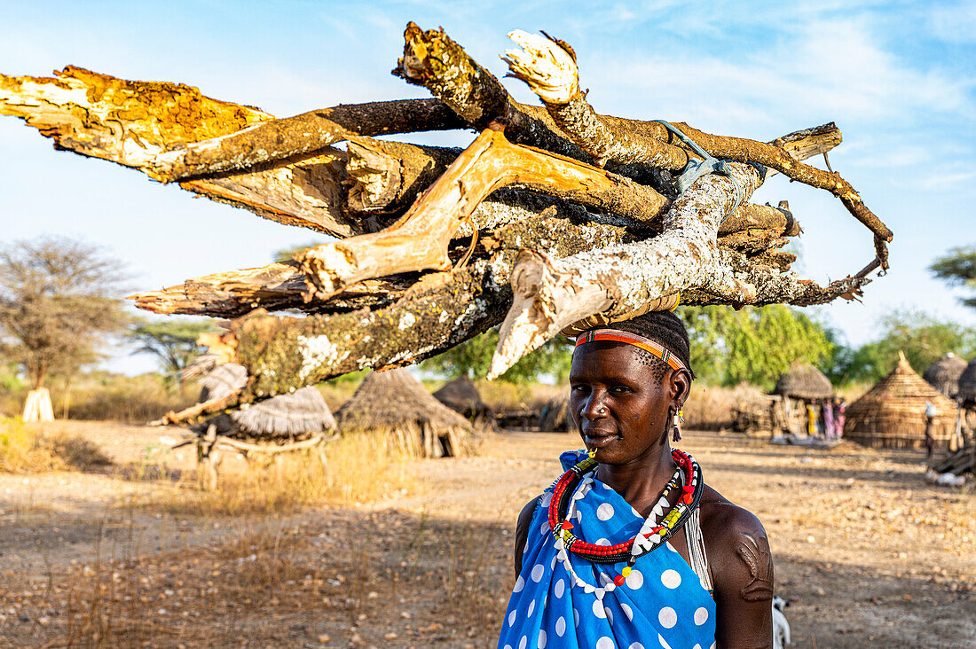 Woman carrying firewood on her head, Toposa tribe, Eastern Equatoria, South Sudan, Africa