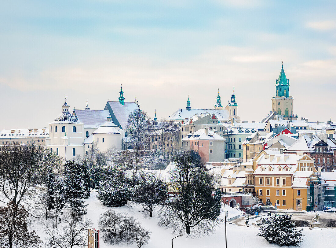 Old Town skyline featuring Dominican Priory, Cathedral and Trinitarian Tower, winter, Lublin, Lublin Voivodeship, Poland, Europe