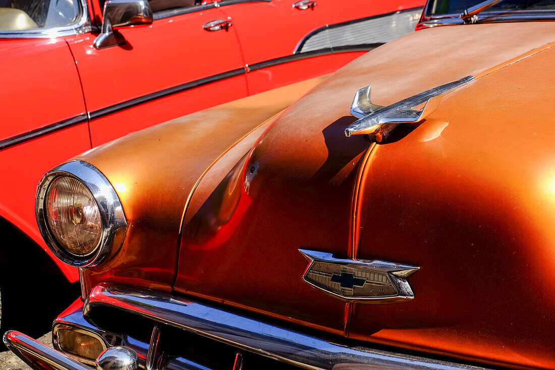 Close view of hood and hood ornament on a vintage car, Havana, Cuba, West Indies, Central America