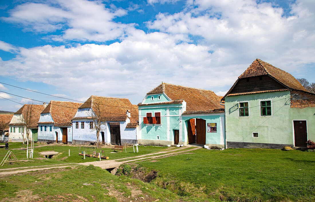 Colourful houses in Viscri, UNESCO World Heritage Site, Transylvania, Romania, Europe