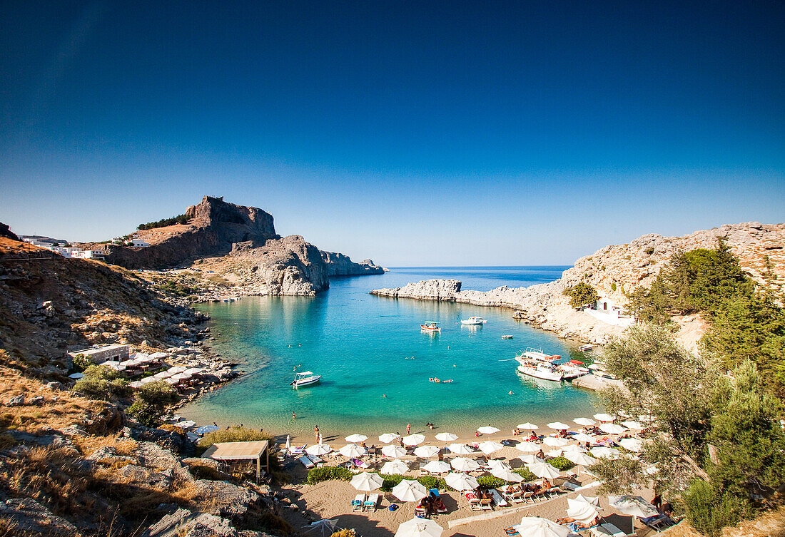 View over Lindos town, Rhodes, Dodecanese, Greek Islands, Greece, Europe