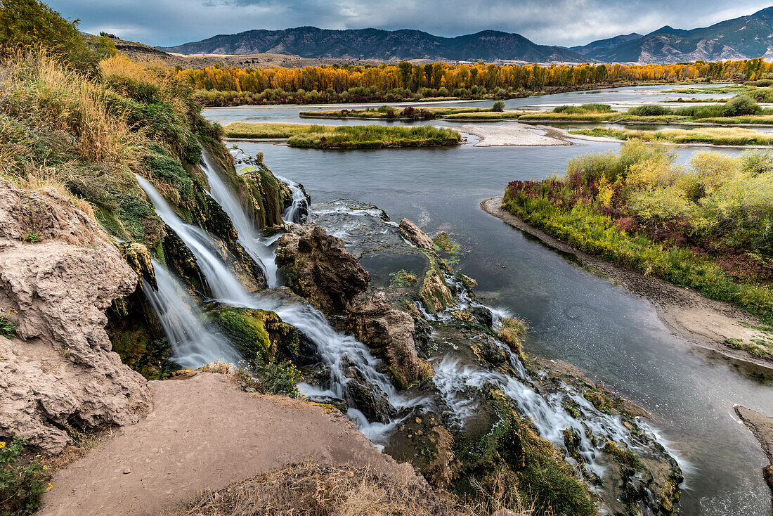 Fall Creek Waterfall landscape and autumn cottonwood trees near Swan Valley and Idaho Falls Idaho