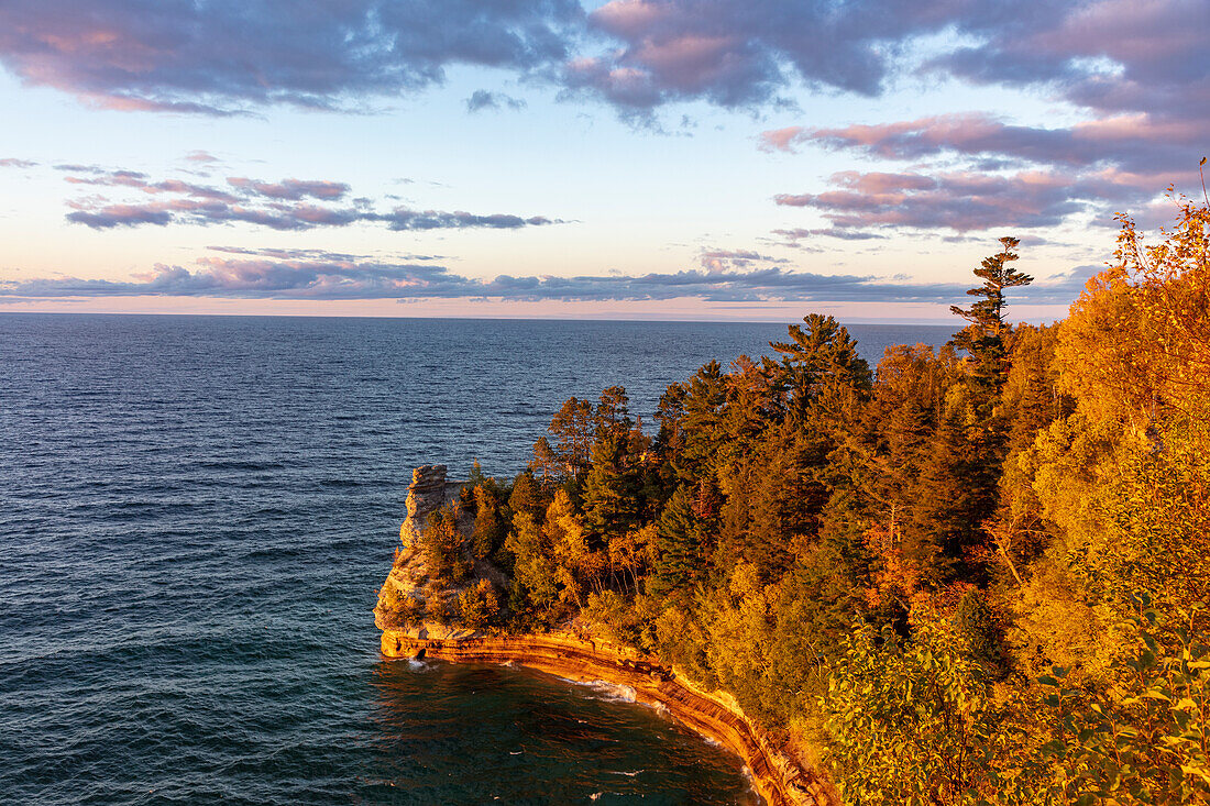 Days last light on Miners Castle at Pictured Rocks National Lakeshore, Michigan, USA