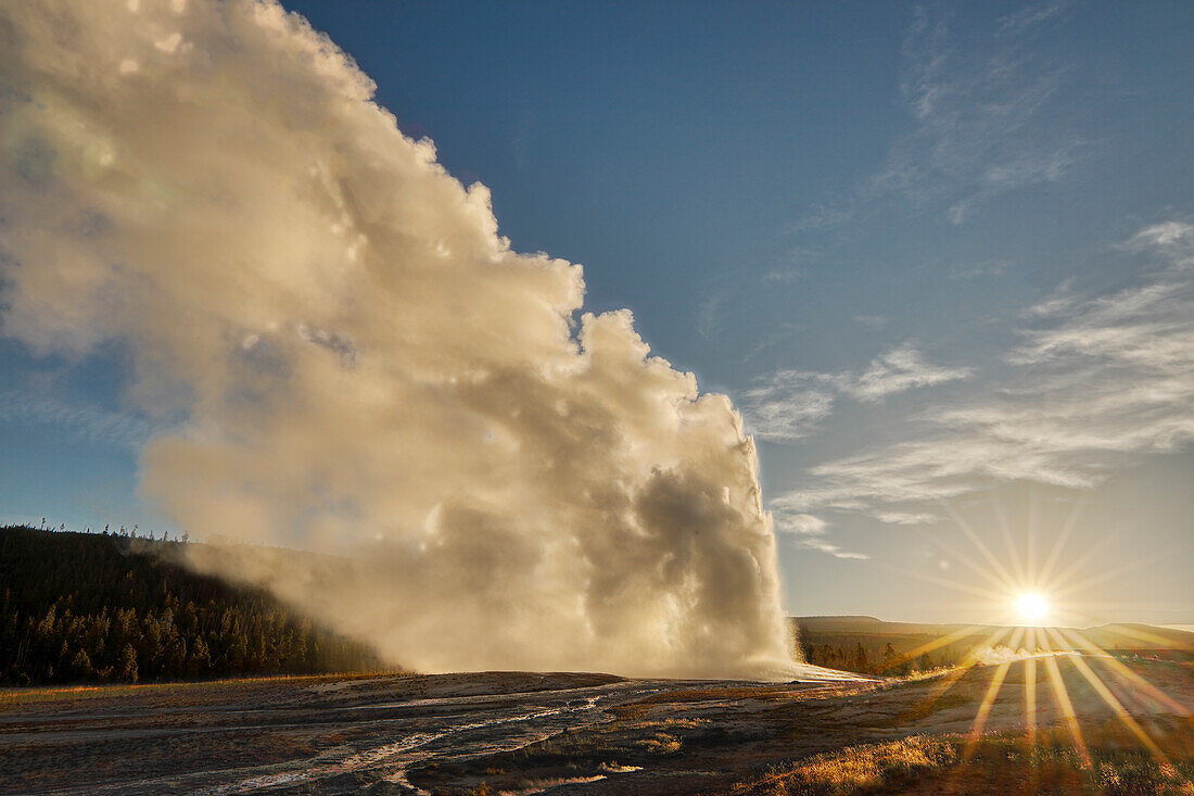 Old Faithful Ausbruch bei Sonnenaufgang, Yellowstone National Park, Montana, USA