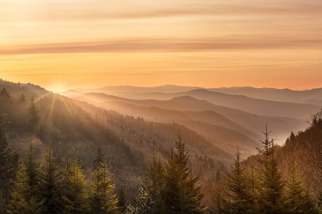 Sonnenaufgang, Oconaluftee Overlook, Great-Smoky-Mountains-Nationalpark, North Carolina