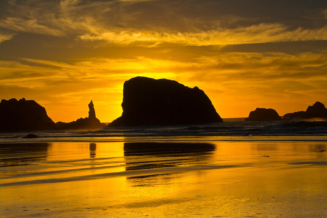 Goldener Sonnenuntergang, Sea Stacks, Bandon, Oregon, USA