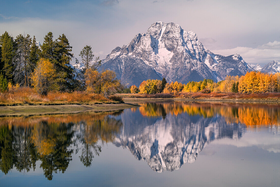 Autumn view of Mt. Moran and reflection, Oxbow Bend, Grand Teton National Park, Wyoming