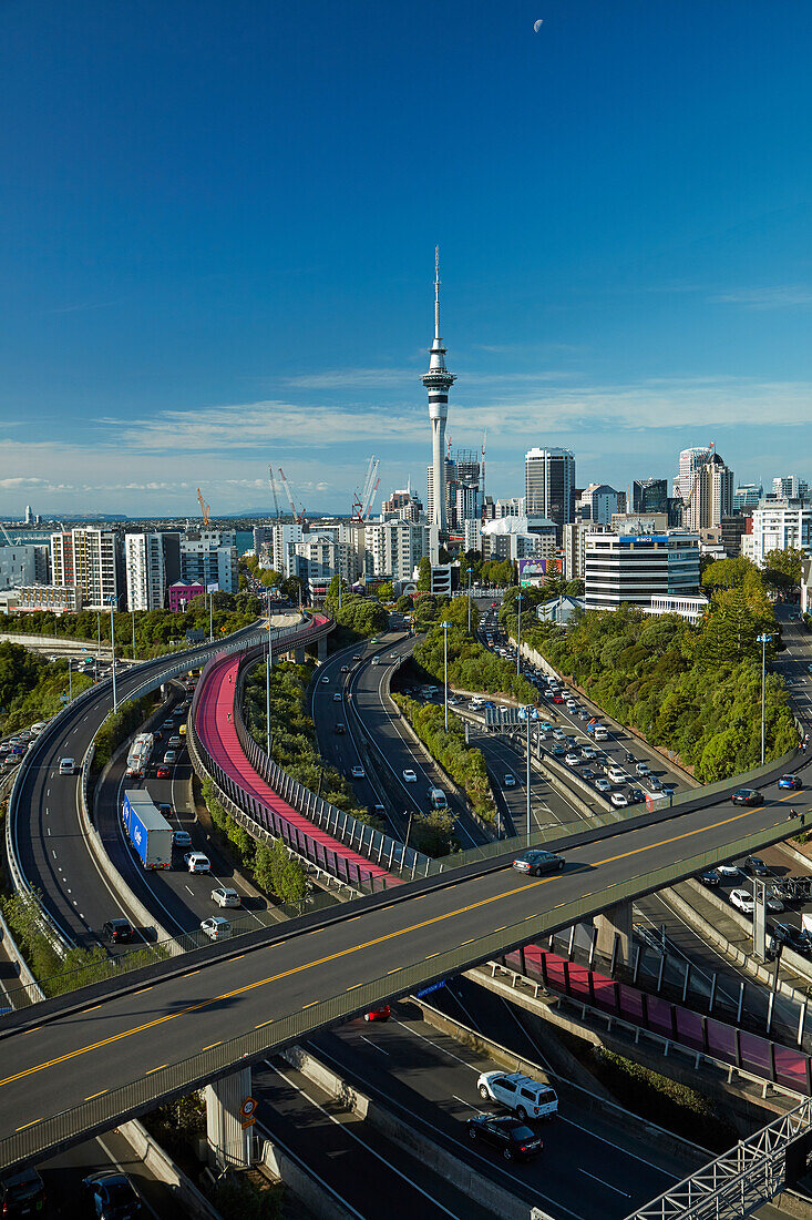 Motorways, Lightpath cycleway, and Skytower, Auckland, North Island, New Zealand