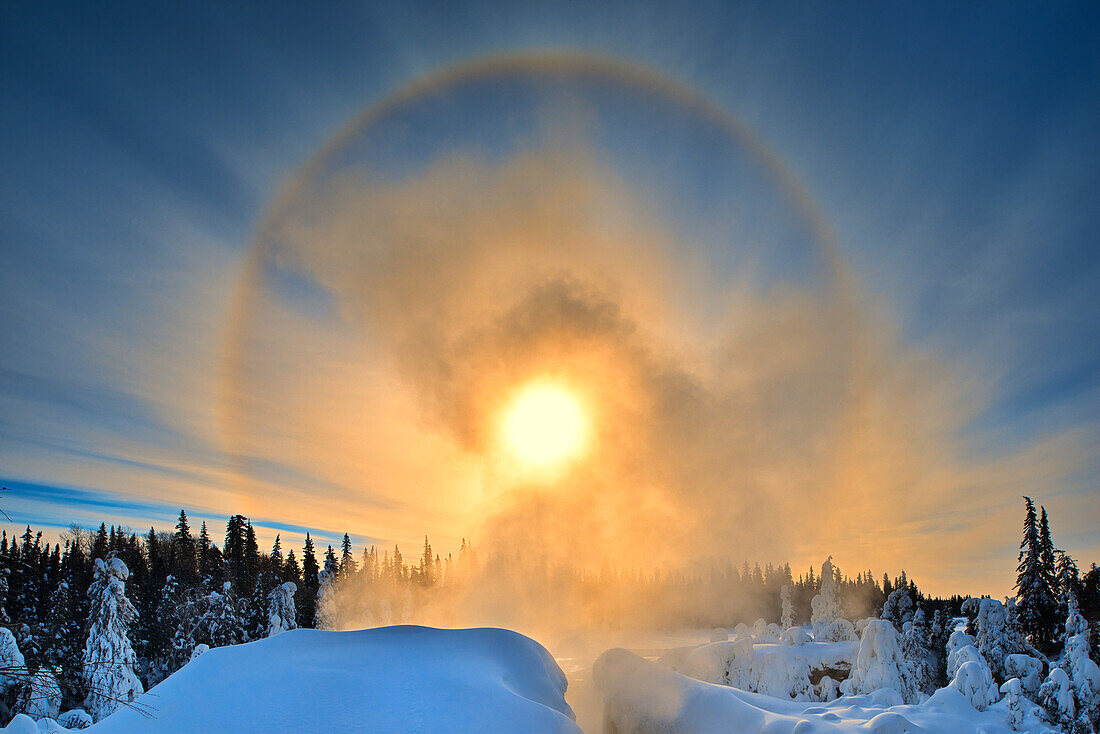 Canada, Manitoba, Pisew Falls Provincial Park, Halo above river at Pisew Falls.