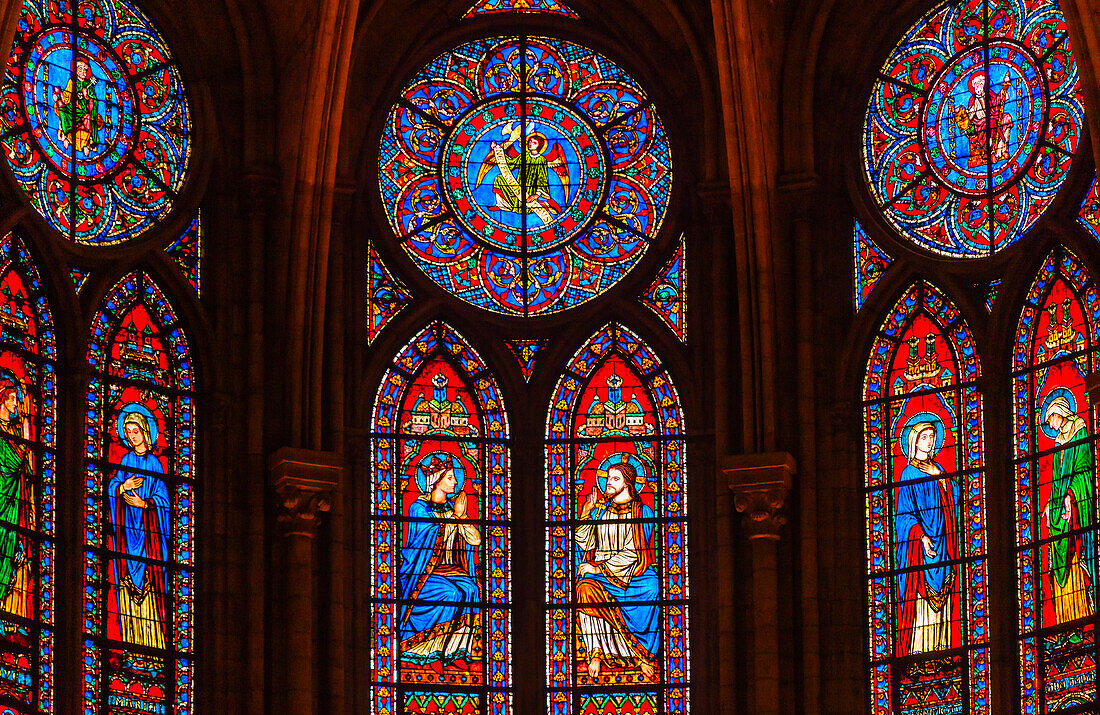 Jesus Christ Mary Angels stained glass, Notre Dame Cathedral, Paris, France. Notre Dame was built between 1163 and 1250 AD.