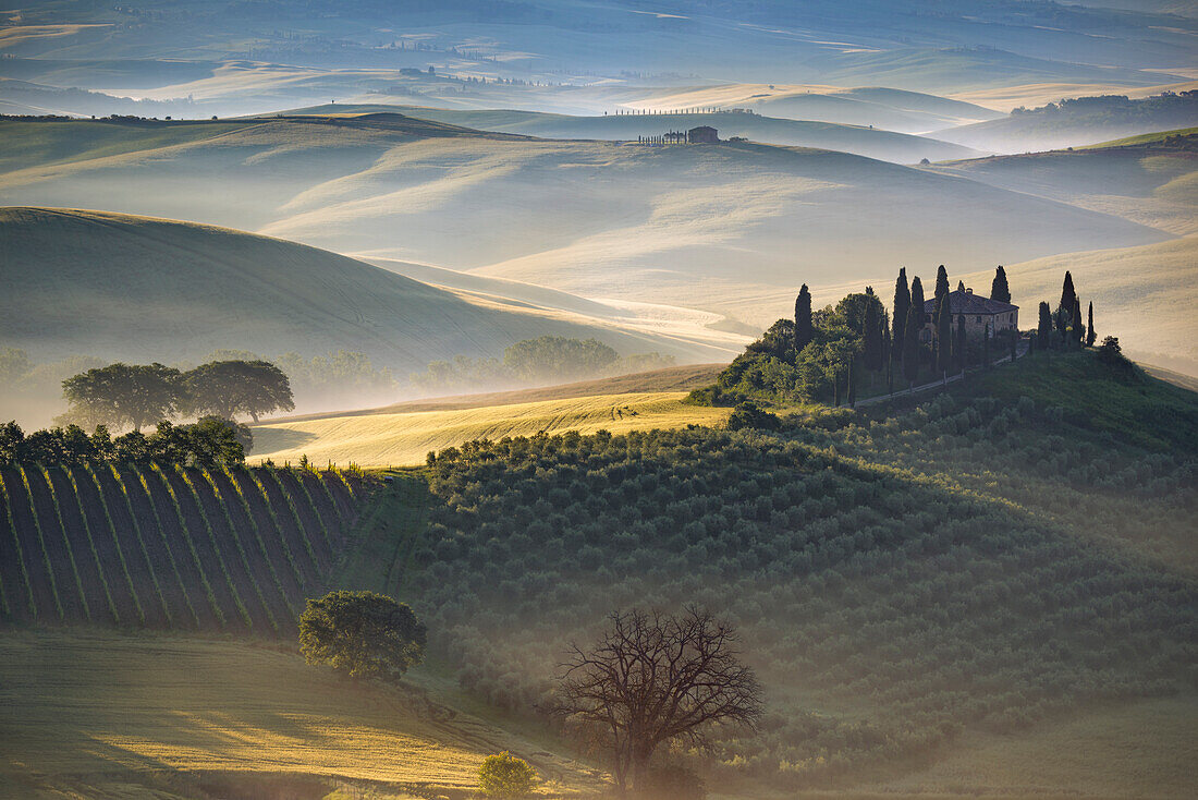 Italy, Tuscany, Val d' Orcia. The Belvedere farmhouse at sunrise.