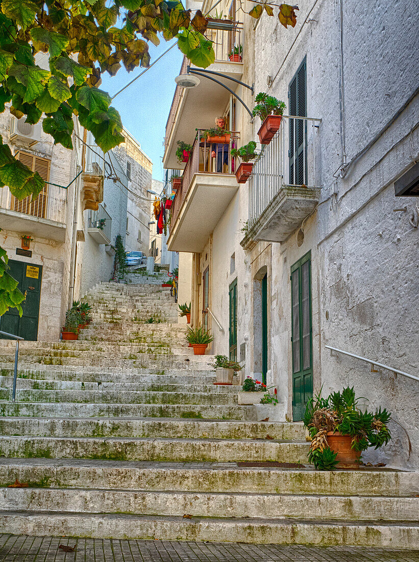 Italien, Apulien, Brindisi, Itria-Tal, Ostuni. Treppenaufgang in der Altstadt von Ostuni.