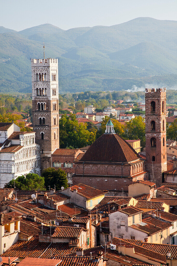 Italien, Toskana, Lucca. Die Dächer des historischen Zentrums von Lucca und der mittelalterliche Glockenturm der Kathedrale St. Martin.