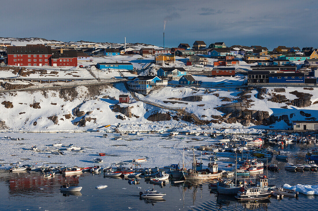 Greenland, Disko Bay, Ilulissat, town harbor, elevated view