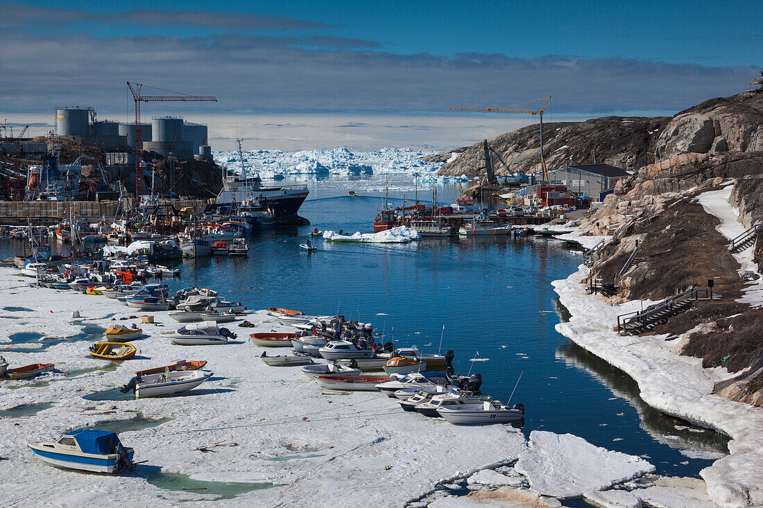 Greenland, Disko Bay, Ilulissat, town harbor, elevated view