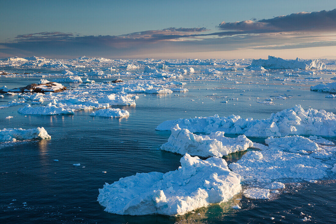 Grönland, Diskobucht, Ilulissat, Blick auf Treibeis von oben