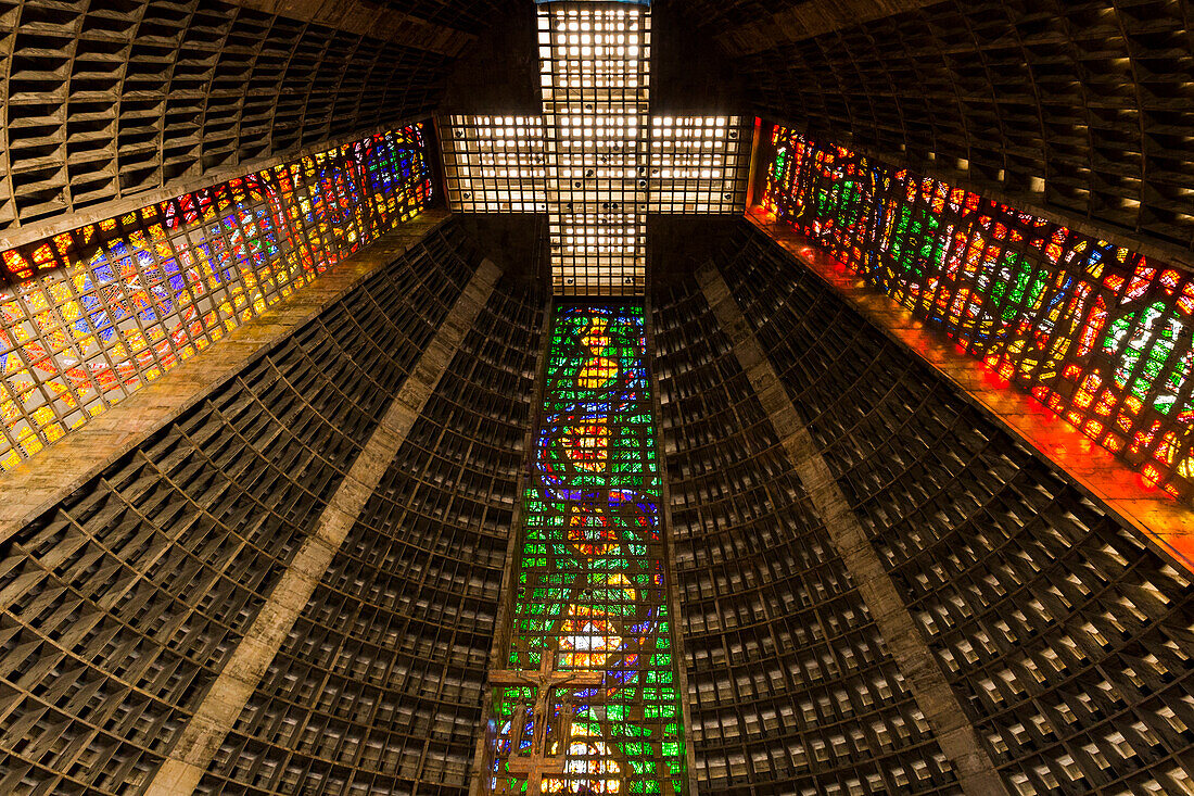 The high ceiling of the Metropolitan Cathedral of Saint Sebastian, Rio, Brazil shown from the floor.