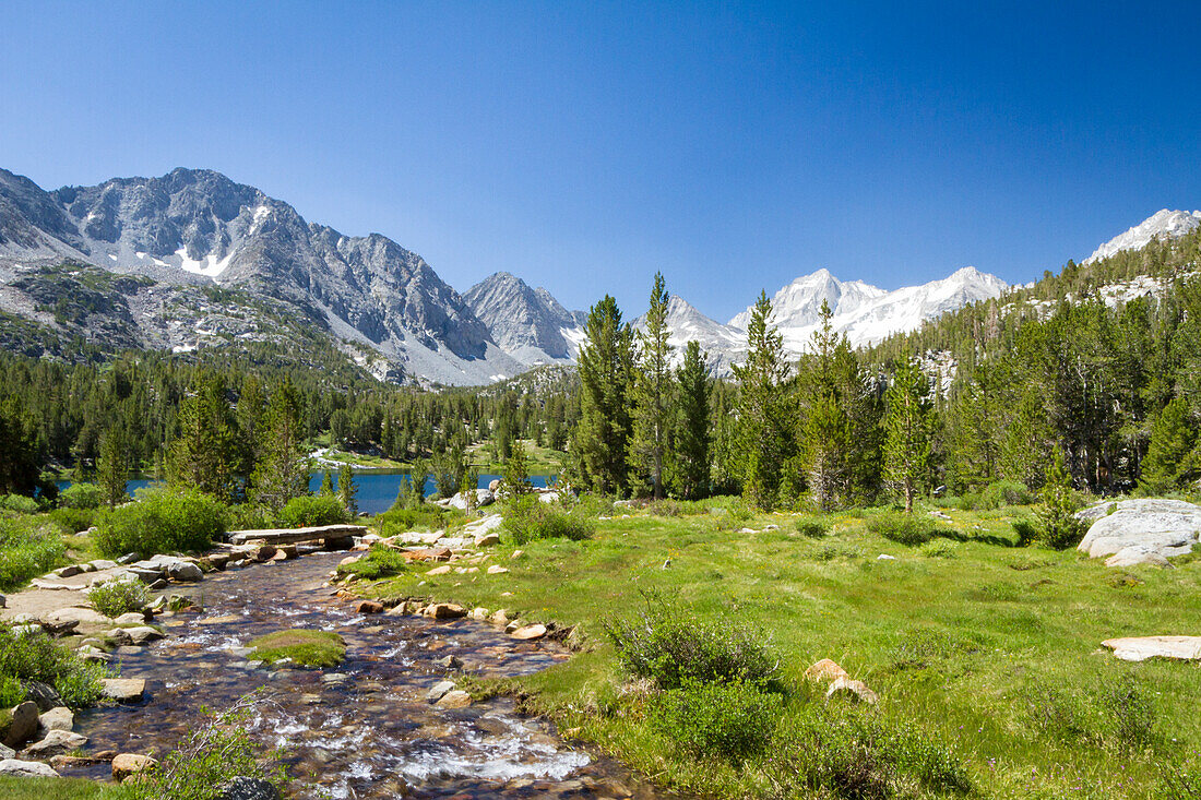USA, California, Little Lakes Valley. One of several glacial lakes along a stream in the Little Lakes Valley near Bishop and Mammoth Lakes.