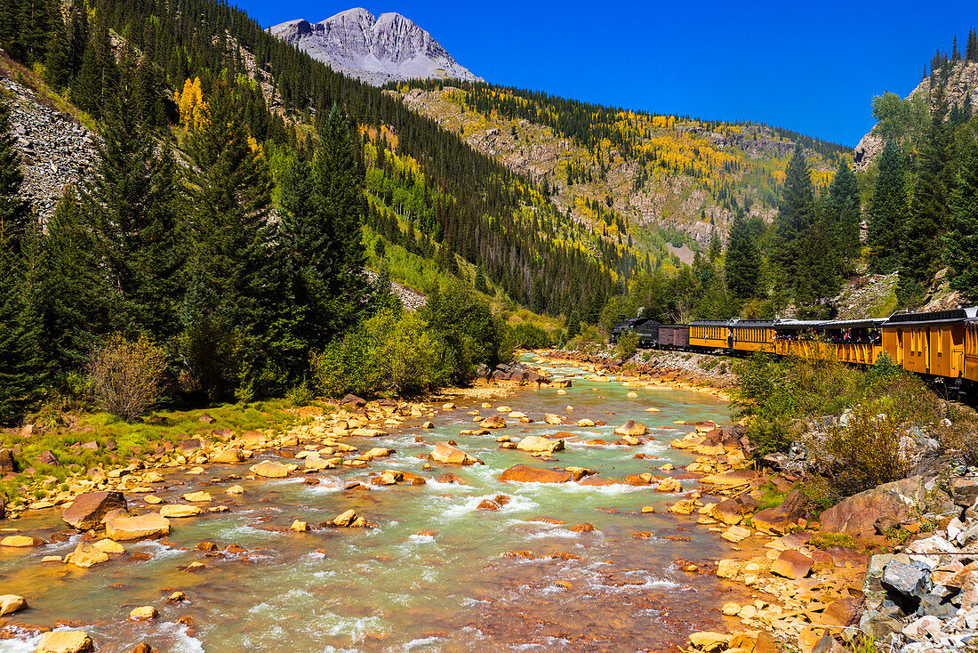 Die Durango & Silverton Narrow Gauge Railroad auf dem Animas River, San Juan National Forest, Colorado, USA