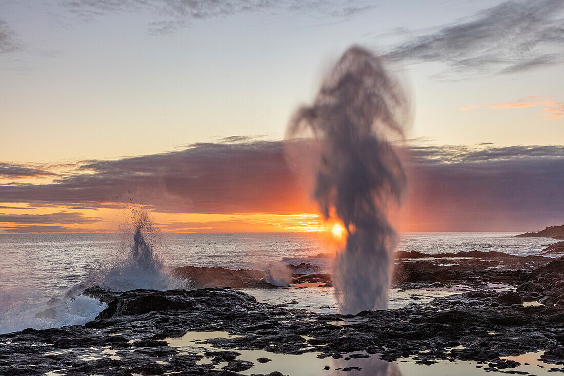 The Spouting Horn at sunset near Poipu in Kauai, Hawaii, USA