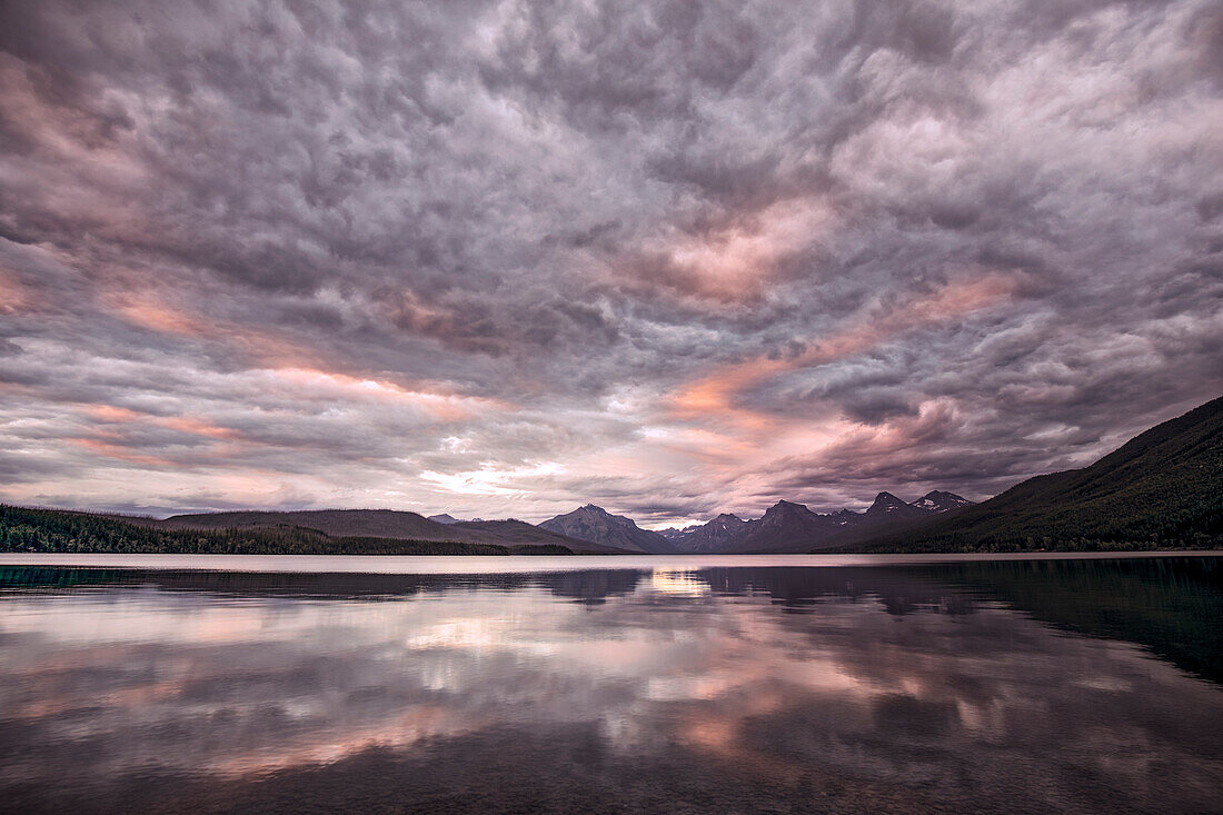 Lake McDonald at sunset in summer, Glacier National Park, Montana