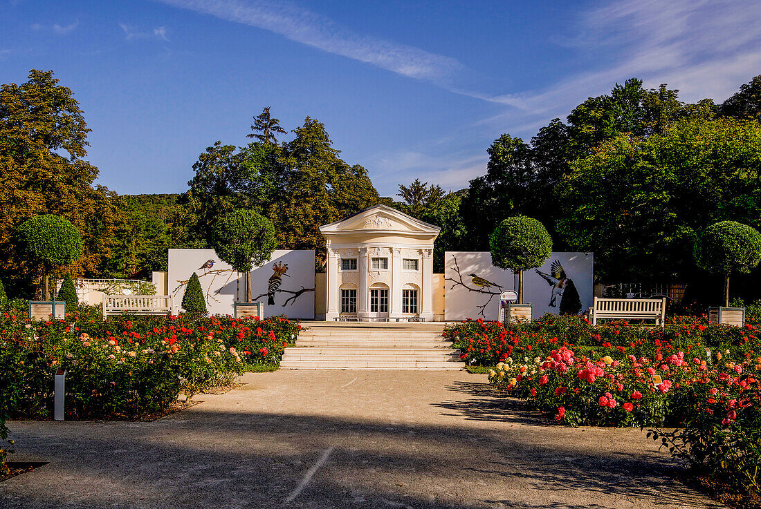 Orangerie im Rosarium des Doblhoffparks in Baden bei Wien, Niederösterreich, Österreich