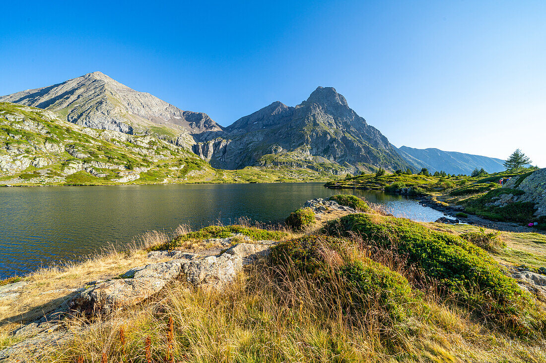 Impressions of a hike in summer between mountain lakes on the Plateau des Lacs, Isère, Rhône Alpes, France