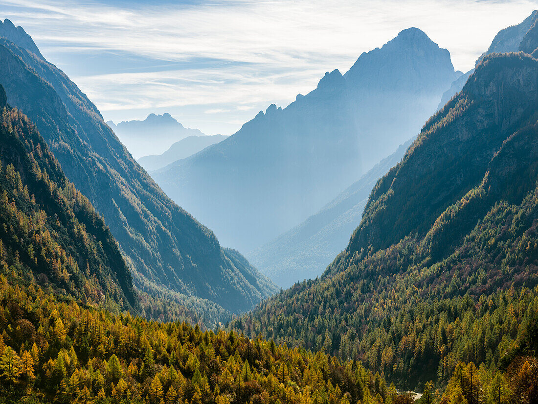 Valle Corpassa in the Civetta Mountain range in the dolomites of the Veneto. In the background the peaks of Pale di San Martino. The Dolomites of the Veneto are part of the UNESCO World Heritage Site, Italy