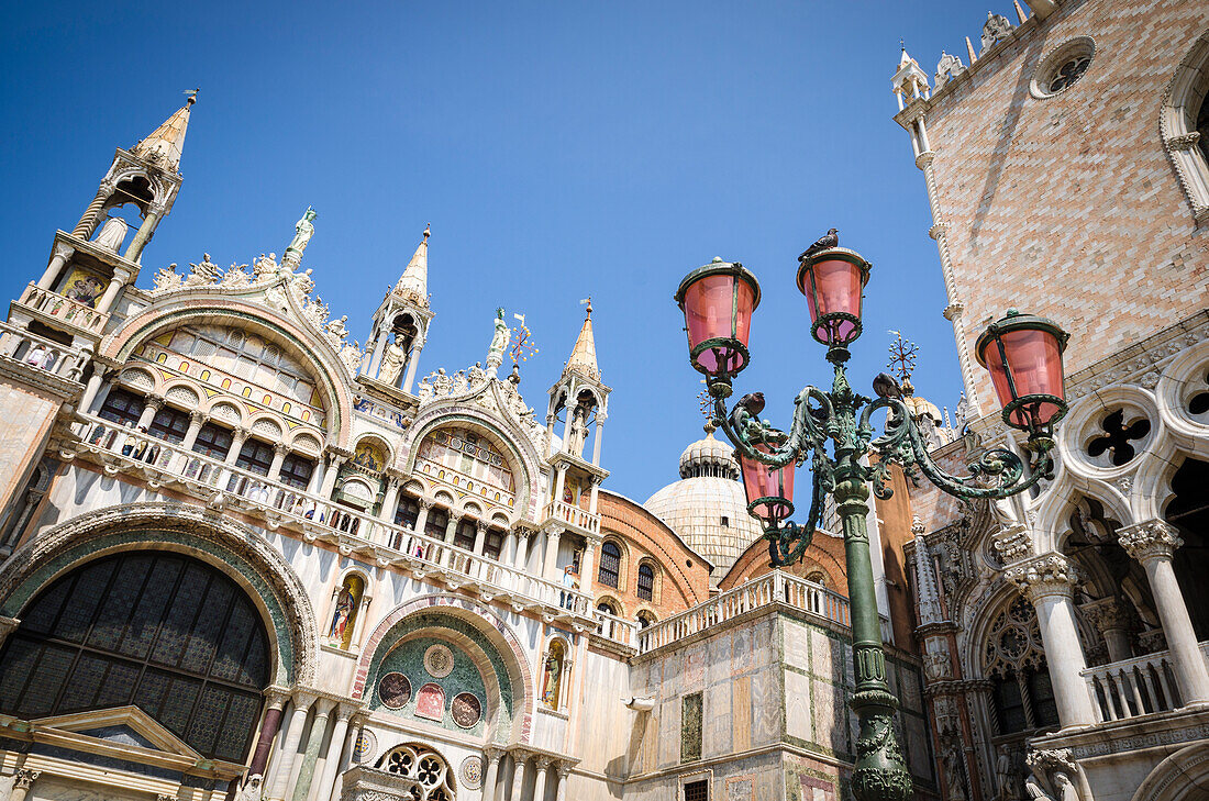 Basilica San Marco (Saint Mark's Cathedral) and street lamp, Venice, Veneto, Italy