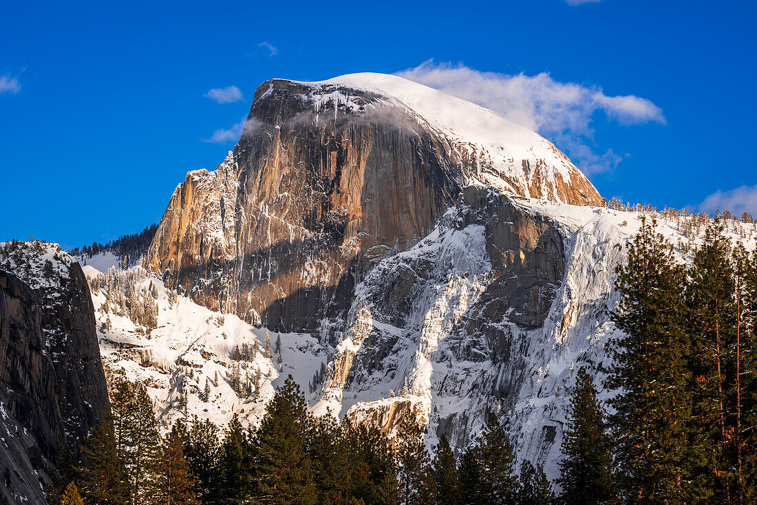 Evening light on Half Dome in winter, Yosemite National Park, California, USA.