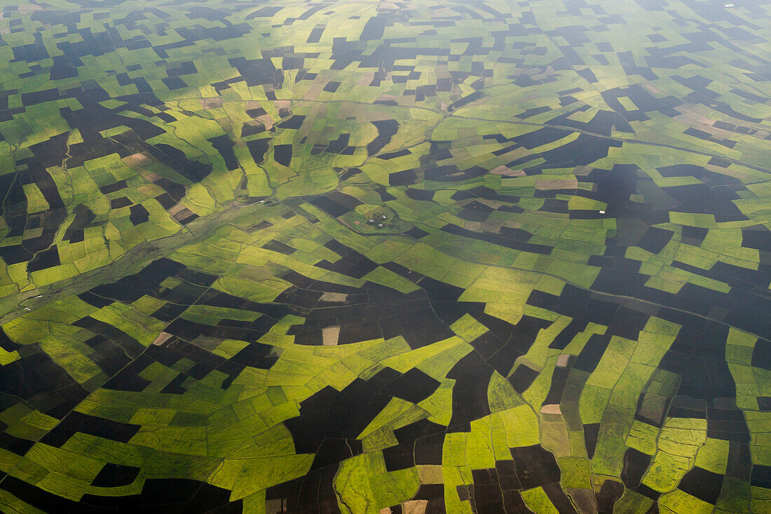 Africa, Ethiopian Highlands, Western Amhara. Aerial views of fields in Western Amhara on the way from Gondar to Addis Ababa.