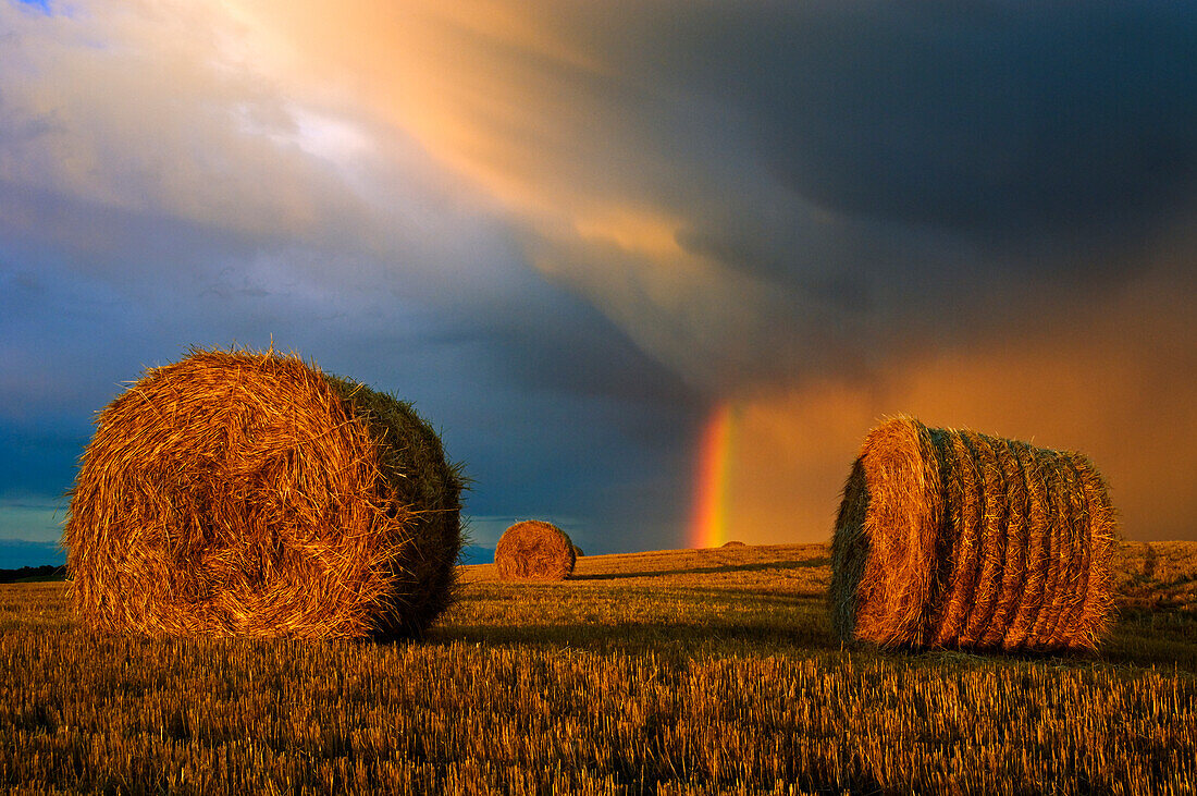 Canada, Manitoba, Cypress River. Bales and rainbow after storm at sunset.