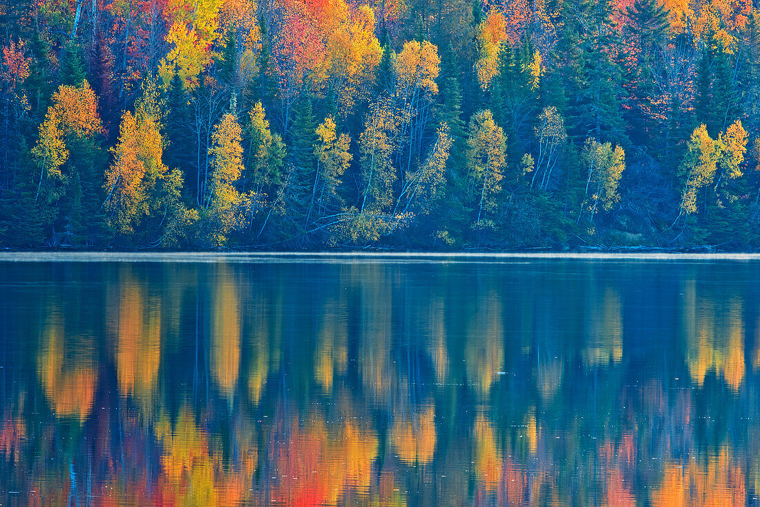 Kanada, New Brunswick, Mactaquac. Herbstliche Waldreflexionen auf St. John River.